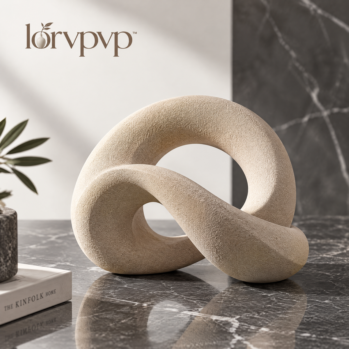 lorvpvp™ Geometric Loop Sculpture with Sand-Textured Matte Finish, Modern Abstract Statue for Bookshelves, Consoles and Coffee Tables