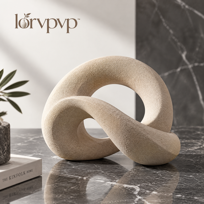 lorvpvp™ Geometric Loop Sculpture with Sand-Textured Matte Finish, Modern Abstract Statue for Bookshelves, Consoles and Coffee Tables