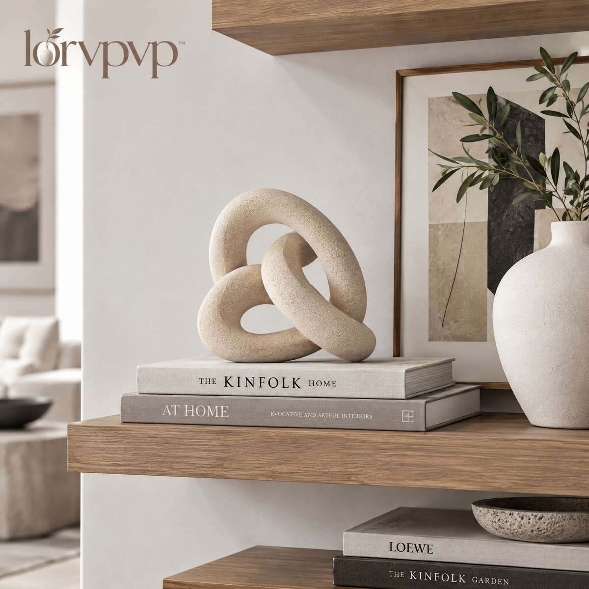 lorvpvp™ Geometric Loop Sculpture with Sand-Textured Matte Finish, Modern Abstract Statue for Bookshelves, Consoles and Coffee Tables