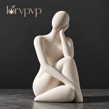 lorvpvp™ Abstract Seated Figure Sculpture with Warm White Finish, Minimalist Resin Statue for Shelves, Reading Nooks and Bedside Tables