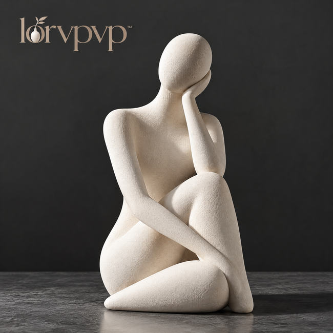lorvpvp™ Abstract Seated Figure Sculpture with Warm White Finish, Minimalist Resin Statue for Shelves, Reading Nooks and Bedside Tables