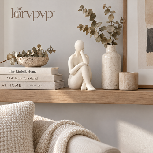 lorvpvp™ Abstract Seated Figure Sculpture with Warm White Finish, Minimalist Resin Statue for Shelves, Reading Nooks and Bedside Tables