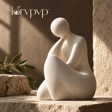 lorvpvp™ Abstract Seated Figure Sculpture with Warm White Finish, Minimalist Resin Statue for Shelves, Reading Nooks and Bedside Tables