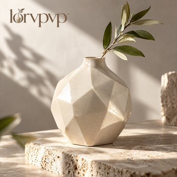 lorvpvp™ Faceted Ceramic Flower Vase with Geometric Body and Matte Finish, Modern Neutral Home Decor for Shelves and Tabletop Displays