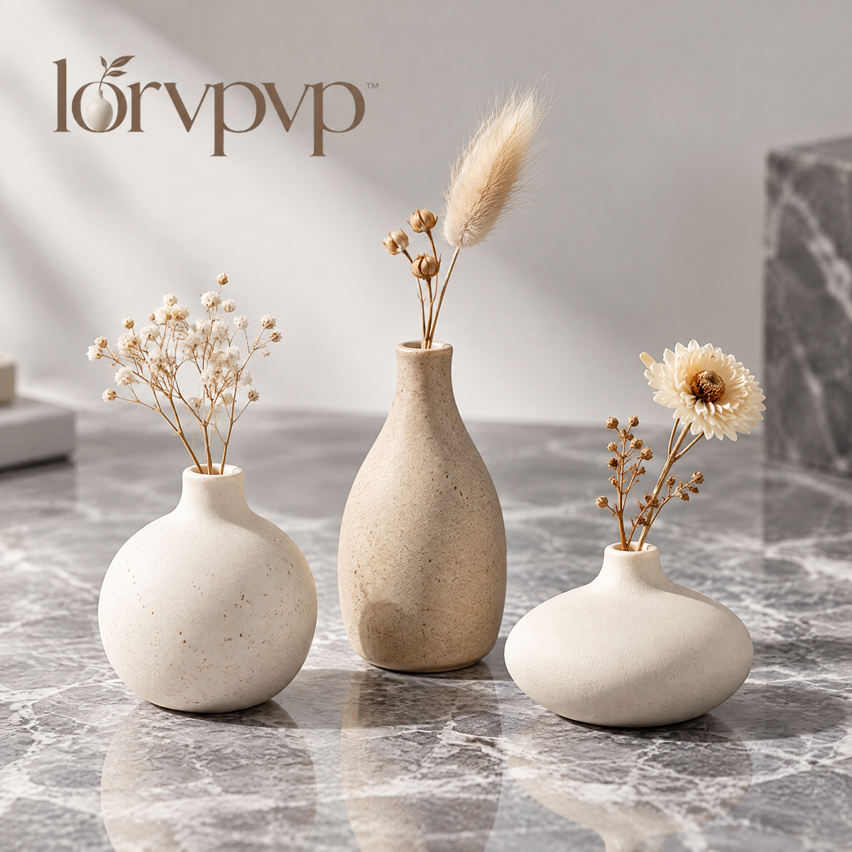 lorvpvp™ Set of 3 Mini Ceramic Bud Vases in Coordinating Neutral Finishes, Small Decorative Flower Vessels for Shelves, Desks and Nightstands