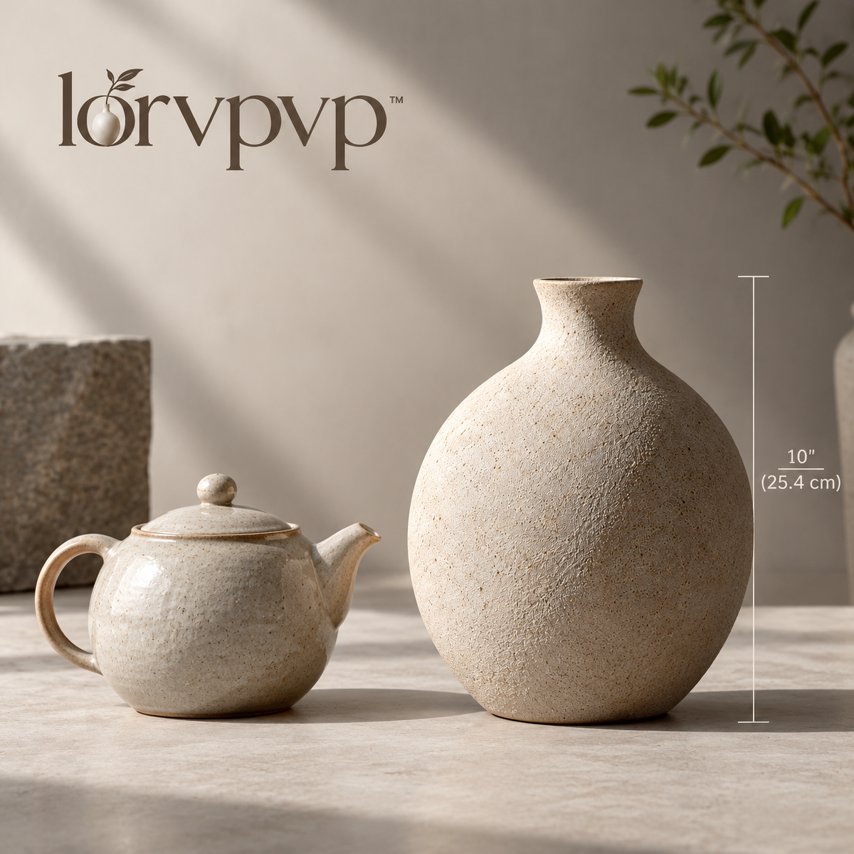 lorvpvp™ Textured Stoneware Ceramic Vase with Rounded Earth-Inspired Shape, Earth-Tone Decorative Vessel for Dried Flowers, Branches and Consoles