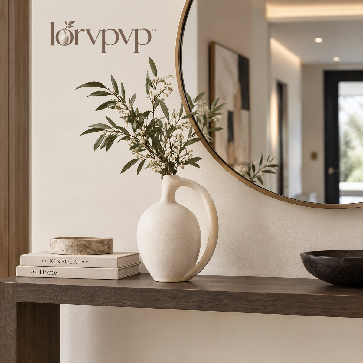 lorvpvp™ Ceramic Loop Handle Vase with Rounded Body and Matte Finish, Modern Sculptural Flower Decor for Shelves, Desks and Console Tables