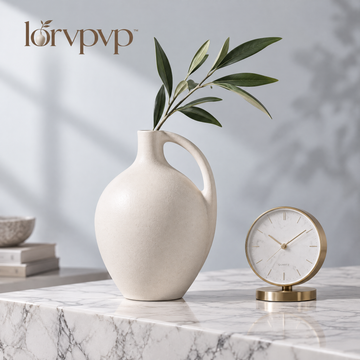 lorvpvp™ Ceramic Loop Handle Vase with Rounded Body and Matte Finish, Modern Sculptural Flower Decor for Shelves, Desks and Console Tables