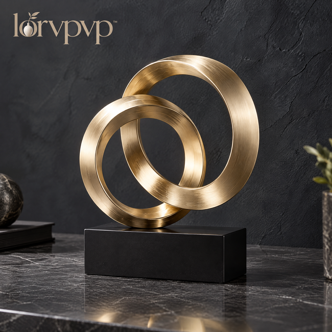 lorvpvp™ Interlocking Metal Ring Sculpture with Brushed Champagne Brass Finish and Display Base, Geometric Table Decor for Offices and Bookshelves