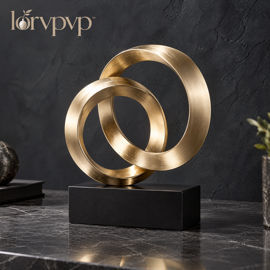 lorvpvp™ Interlocking Metal Ring Sculpture with Brushed Champagne Brass Finish and Display Base, Geometric Table Decor for Offices and Bookshelves
