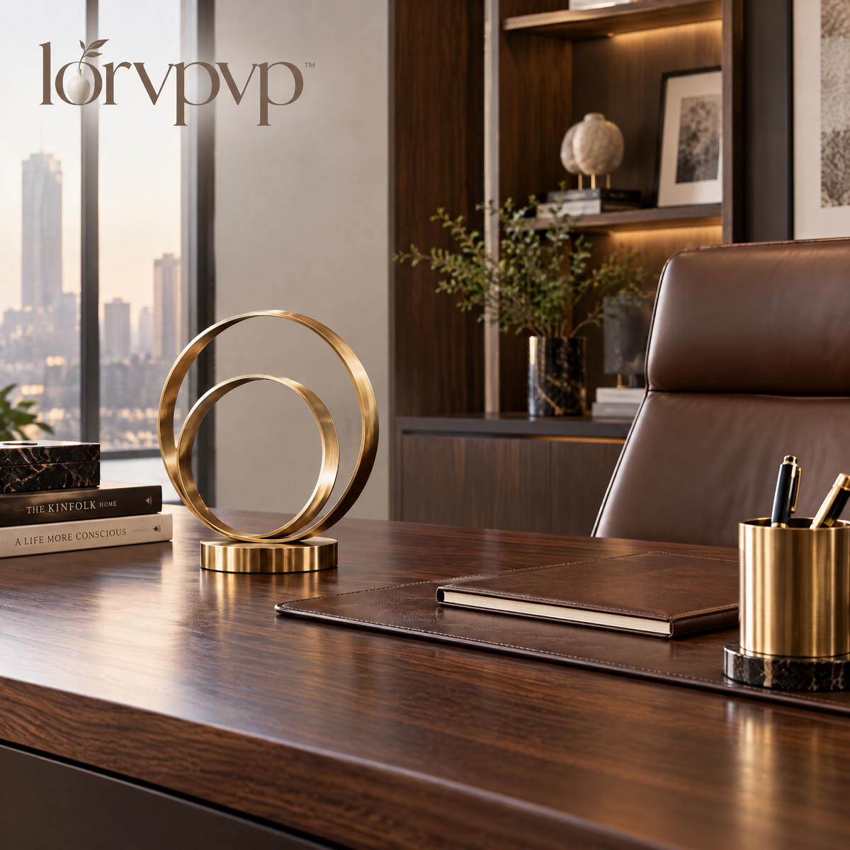 lorvpvp™ Interlocking Metal Ring Sculpture with Brushed Champagne Brass Finish and Display Base, Geometric Table Decor for Offices and Bookshelves