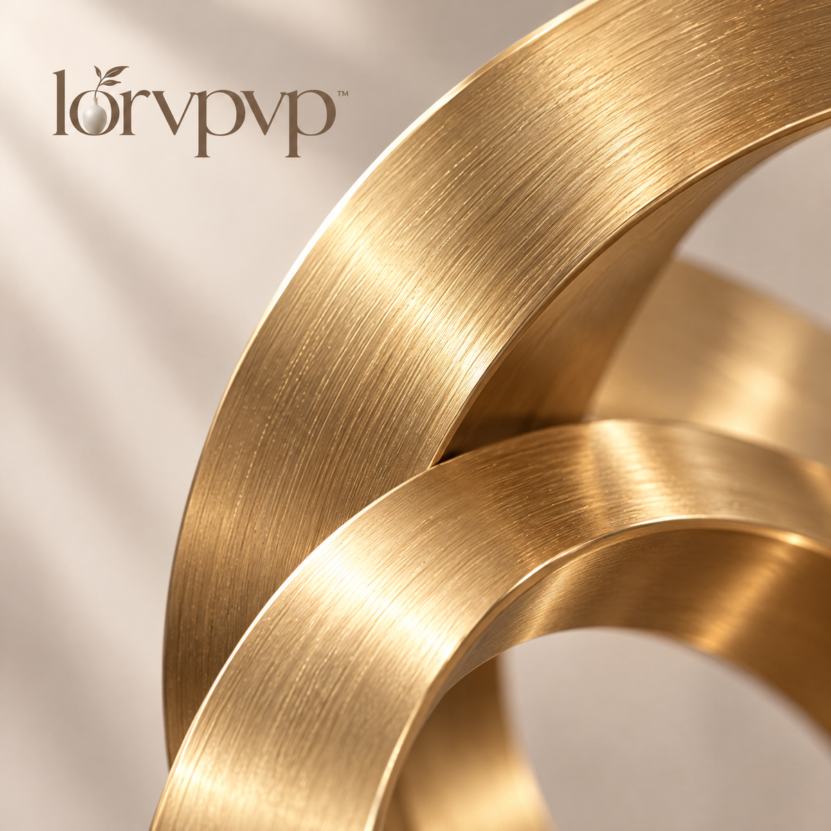 lorvpvp™ Interlocking Metal Ring Sculpture with Brushed Champagne Brass Finish and Display Base, Geometric Table Decor for Offices and Bookshelves