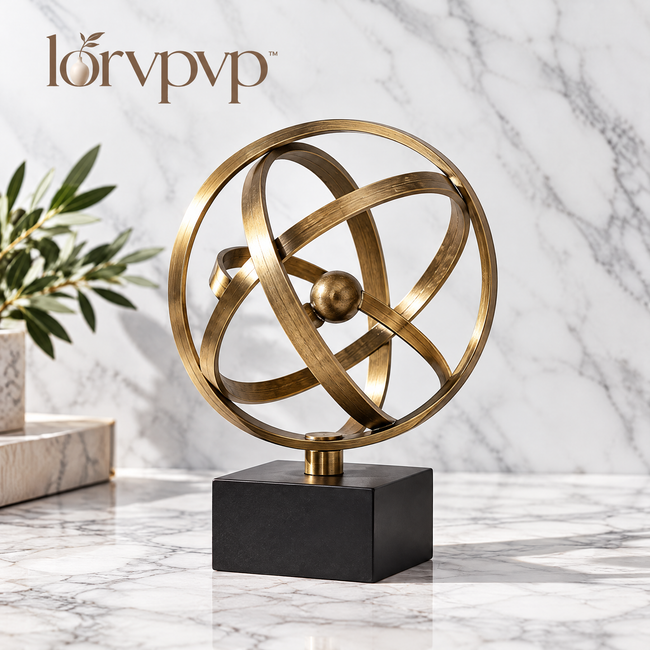 lorvpvp™ Geometric Orbit Sculpture with Antique Brass Finish and Layered Circular Forms, Modern Metal Accent for Office Desks, Consoles and Shelves