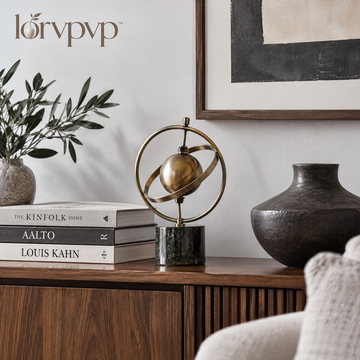 lorvpvp™ Geometric Orbit Sculpture with Antique Brass Finish and Layered Circular Forms, Modern Metal Accent for Office Desks, Consoles and Shelves