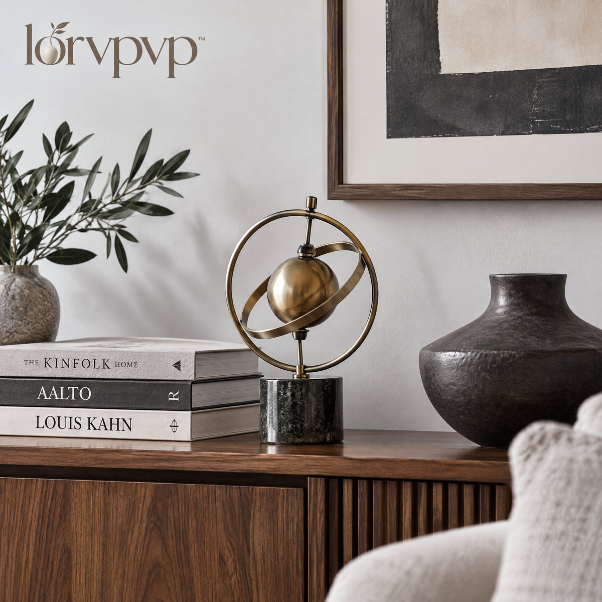 lorvpvp™ Geometric Orbit Sculpture with Antique Brass Finish and Layered Circular Forms, Modern Metal Accent for Office Desks, Consoles and Shelves