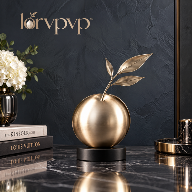lorvpvp™ Metal Sphere Tabletop Sculpture with Brushed Champagne Finish and Dark Display Base, Modern Accent for Desks, Shelves and Consoles