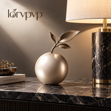 lorvpvp™ Metal Sphere Tabletop Sculpture with Brushed Champagne Finish and Dark Display Base, Modern Accent for Desks, Shelves and Consoles