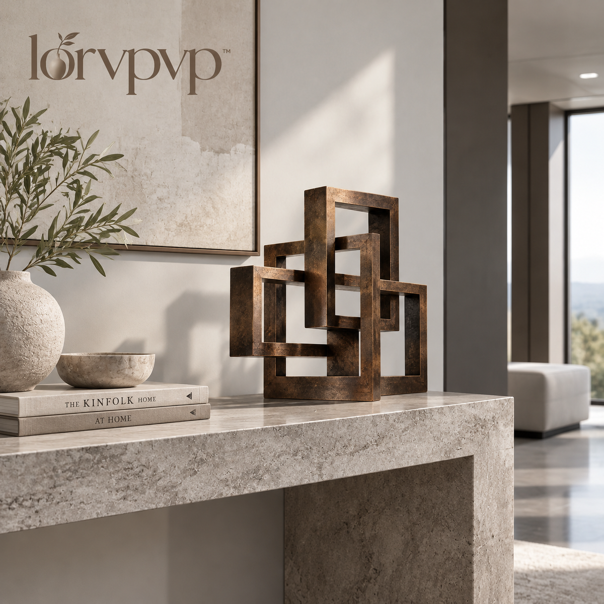 lorvpvp™ Architectural Metal Frame Sculpture with Deep Bronze Finish, Geometric Open-Frame Table Decor for Console Tables, Bookshelves and Offices