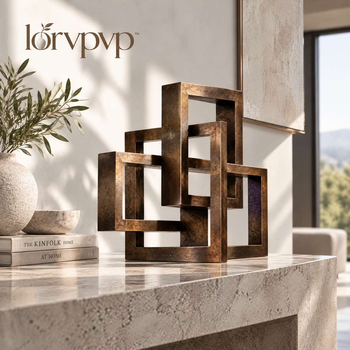 lorvpvp™ Architectural Metal Frame Sculpture with Deep Bronze Finish, Geometric Open-Frame Table Decor for Console Tables, Bookshelves and Offices